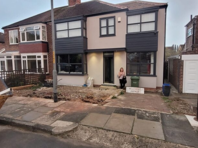 Stockton-on-Tees, Slate Grey and Titanium Resin Driveway and Pathway, Retaining Staffordshire Blue Brick Wall Build and Light Installation Project