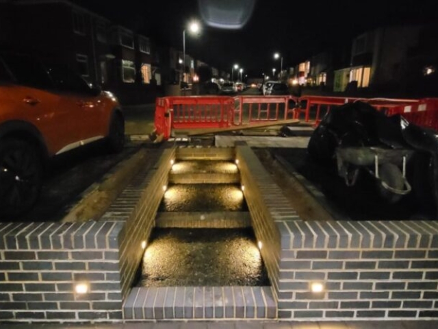 Stockton-on-Tees, Slate Grey and Titanium Resin Driveway and Pathway, Retaining Staffordshire Blue Brick Wall Build and Light Installation Project