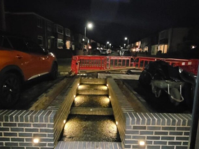 Stockton-on-Tees, Slate Grey and Titanium Resin Driveway and Pathway, Retaining Staffordshire Blue Brick Wall Build and Light Installation Project