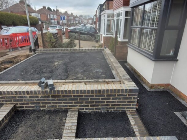 Stockton-on-Tees, Slate Grey and Titanium Resin Driveway and Pathway, Retaining Staffordshire Blue Brick Wall Build and Light Installation Project