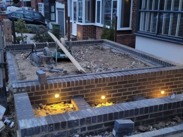 Stockton-on-Tees, Slate Grey and Titanium Resin Driveway and Pathway, Retaining Staffordshire Blue Brick Wall Build and Light Installation Project