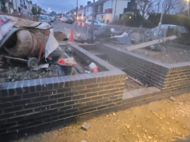 Stockton-on-Tees, Slate Grey and Titanium Resin Driveway and Pathway, Retaining Staffordshire Blue Brick Wall Build and Light Installation Project