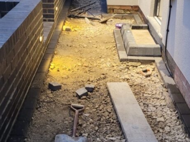 Stockton-on-Tees, Slate Grey and Titanium Resin Driveway and Pathway, Retaining Staffordshire Blue Brick Wall Build and Light Installation Project