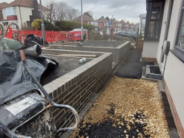 Stockton-on-Tees, Slate Grey and Titanium Resin Driveway and Pathway, Retaining Staffordshire Blue Brick Wall Build and Light Installation Project