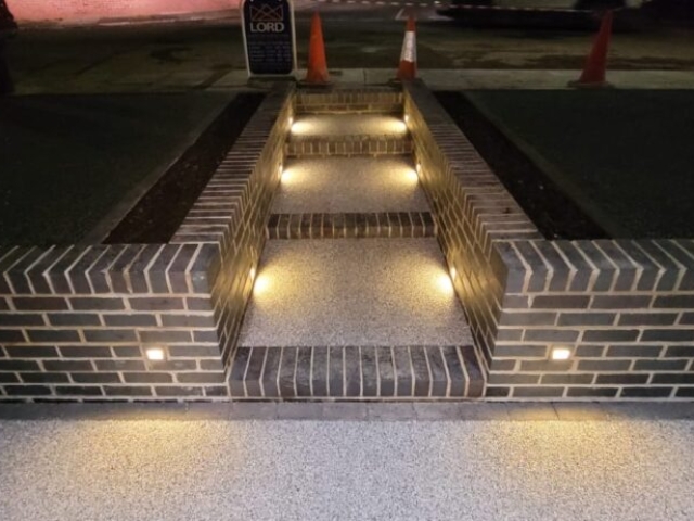 Stockton-on-Tees, Slate Grey and Titanium Resin Driveway and Pathway, Retaining Staffordshire Blue Brick Wall Build and Light Installation Project