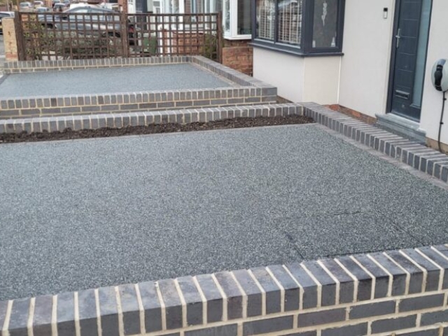 Stockton-on-Tees, Slate Grey and Titanium Resin Driveway and Pathway, Retaining Staffordshire Blue Brick Wall Build and Light Installation Project