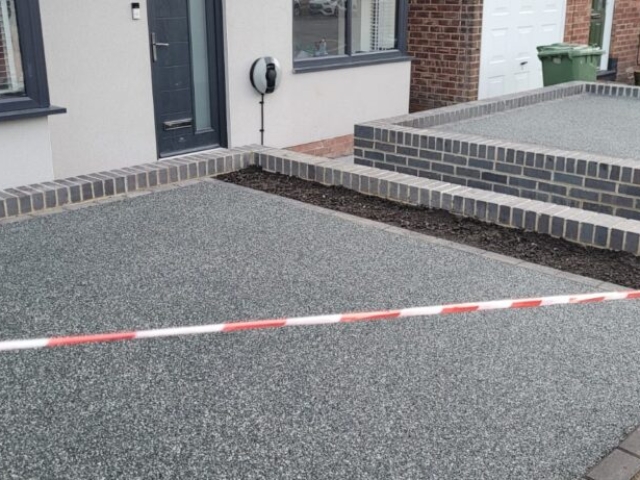 Stockton-on-Tees, Slate Grey and Titanium Resin Driveway and Pathway, Retaining Staffordshire Blue Brick Wall Build and Light Installation Project