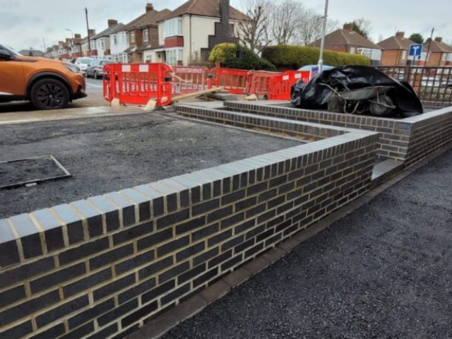 Stockton-on-Tees, Slate Grey and Titanium Resin Driveway and Pathway, Retaining Staffordshire Blue Brick Wall Build and Light Installation Project