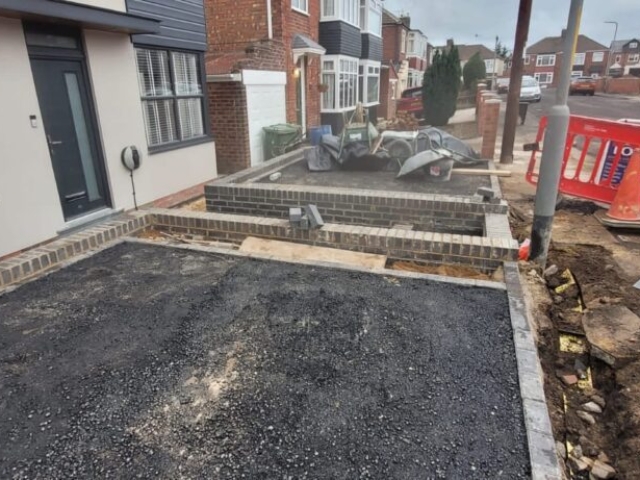 Stockton-on-Tees, Slate Grey and Titanium Resin Driveway and Pathway, Retaining Staffordshire Blue Brick Wall Build and Light Installation Project