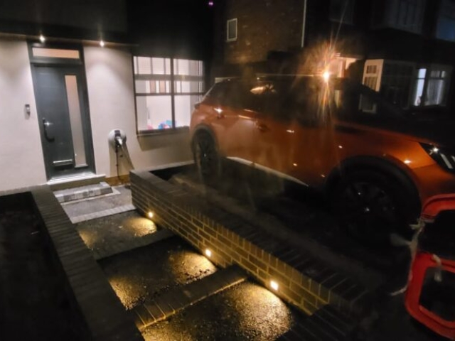 Stockton-on-Tees, Slate Grey and Titanium Resin Driveway and Pathway, Retaining Staffordshire Blue Brick Wall Build and Light Installation Project